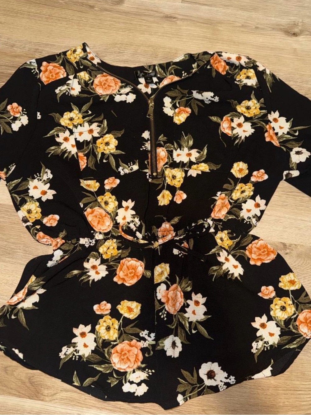J for Justify Black Floral Zip-Front Blouse